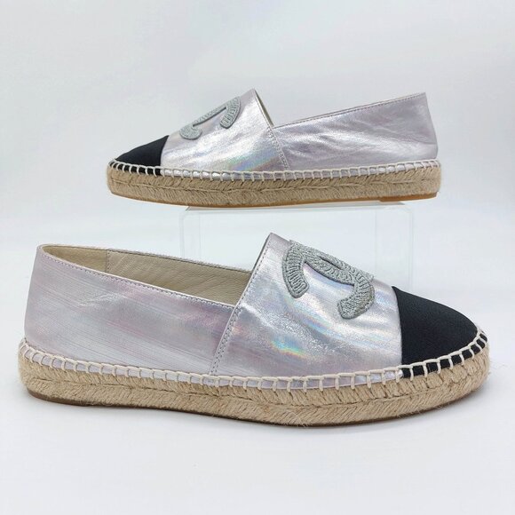 Chanel Espadrilles Laminated Lambskin Grosgrain Toe Caps Pink Silver Iridescent - Picture 2 of 12